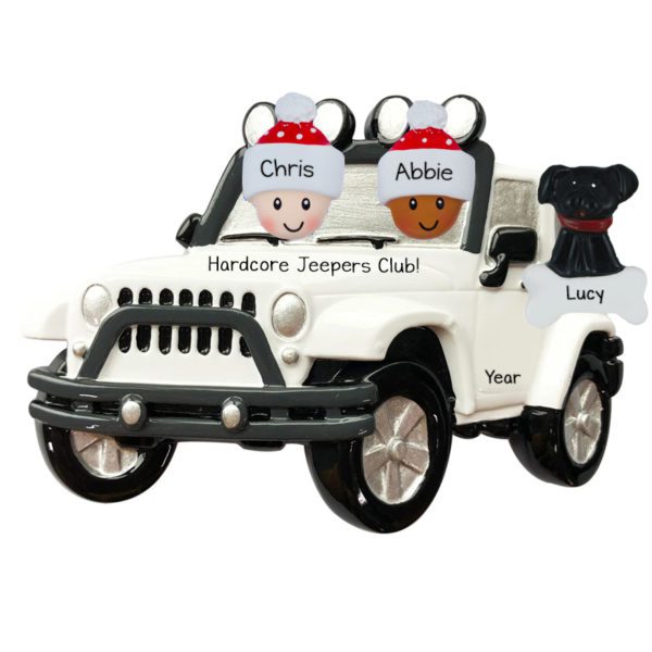 Personalized Interracial Couple Driving WHITE Jeep With Dog Ornament