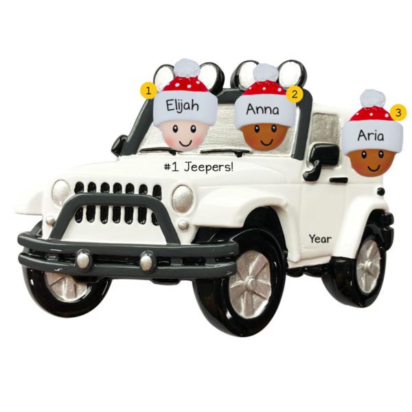 Personalized Interracial Family Of 3 Driving WHITE Jeep Ornament