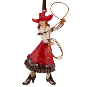 Personalized Cowgirl Holding Lasso Ornament RED SKIRT