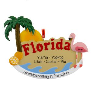 Grandparents And 3 Grandkids FLORIDA Flamingo And Palm Tree Ornament
