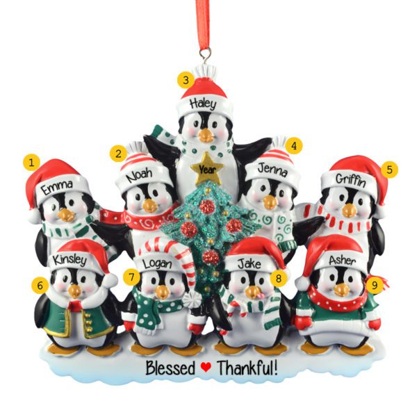 Personalized 9 Grandkids Penguins Around Christmas Tree Ornament