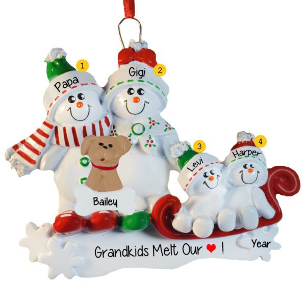 Grandparents And 2 Kids Snowmen On Sled With Pet Personalized Ornament