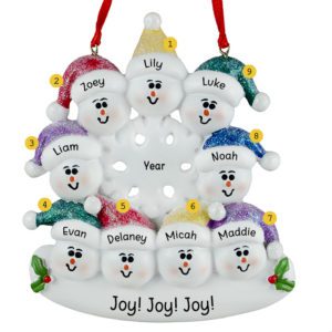 Personalized 9 Grandkids Snowmen Glittered Flake Ornament