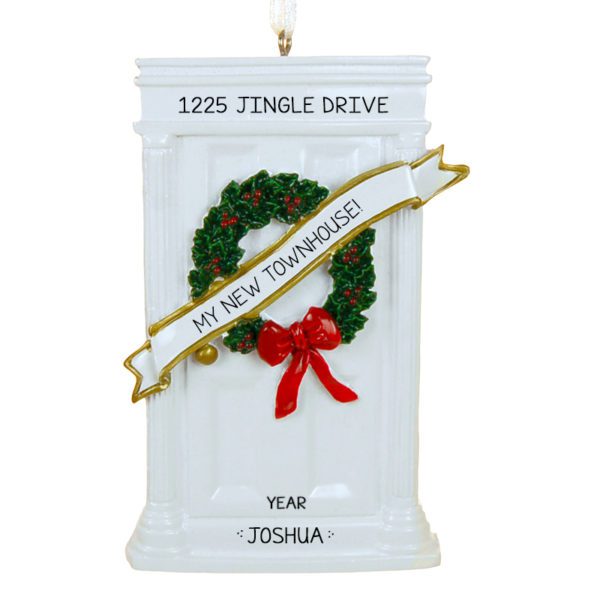 Personalized New Townhouse WHITE Door Glittered Wreath Ornament