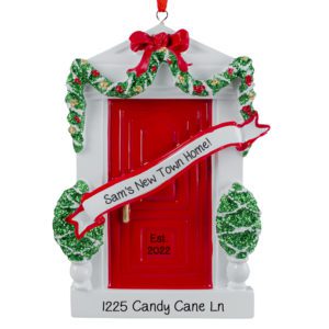 Personalized New Townhome RED Front Door With Banner Ornament
