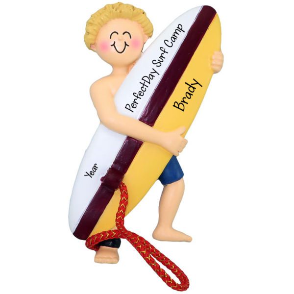 Personalized MALE Holding Surfboard Surf Camp Ornament BLONDE