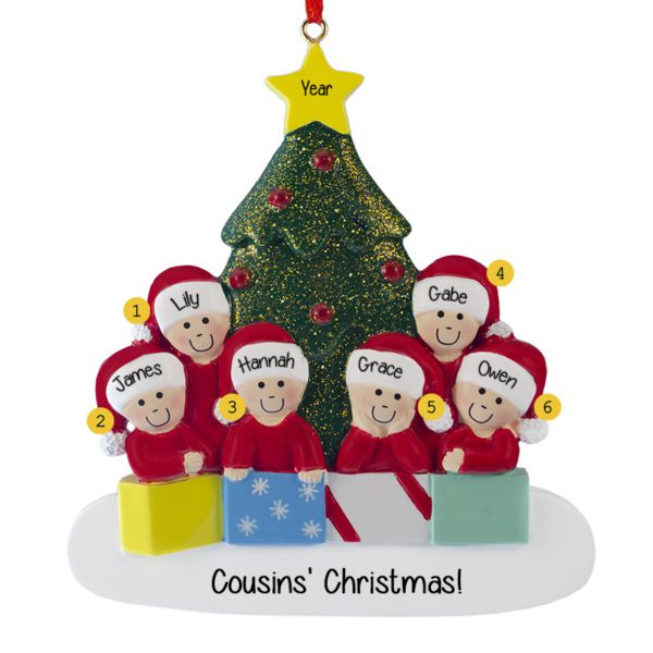 Personalized Six Cousins With Presents And Glittered Tree Ornament