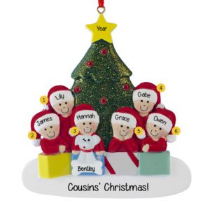Personalized Six Cousins With Pet And Presents Glittered Tree Ornament