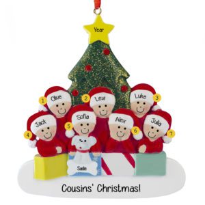 Image of Personalized 7 Cousins With Pet And Presents Glittered Tree Ornament
