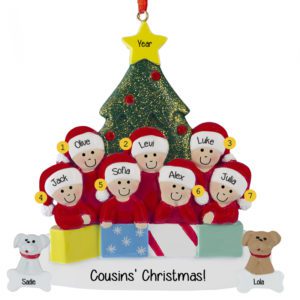 Personalized 7 Cousins With 2 Pets And Presents Glittered Tree Ornament