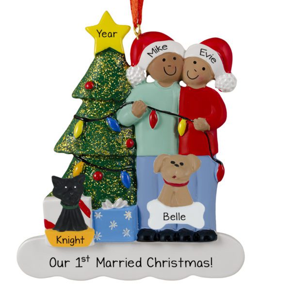 Personalized African American 1st Married Christmas With 2 Pets Glittered Tree Ornament