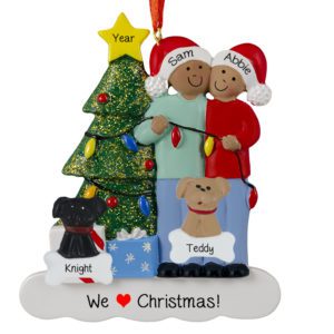 Personalized African American Couple With 2 Pets Glittered Tree Ornament