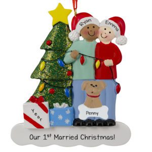 African American MALE And Caucasian FEMALE With Pet 1st Married Christmas Ornament
