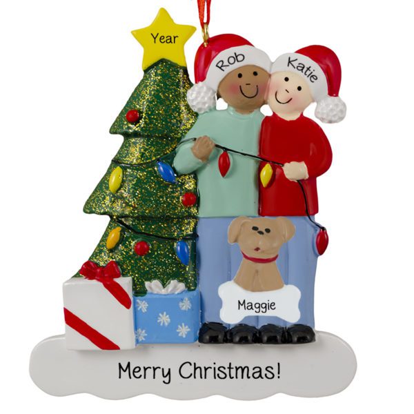 African American MALE And Caucasian FEMALE With Pet Glittered Tree Ornament