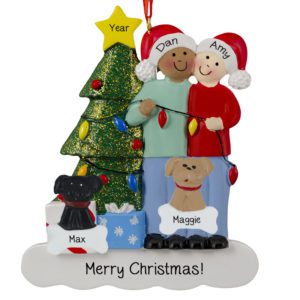 African American MALE And Caucasian FEMALE With 2 Pets Glittered Tree Ornament