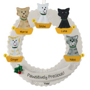 Personalized 5 Pets On White Wreath Christmas Ornament