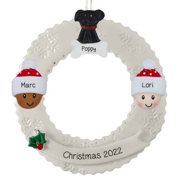 Personalized Interracial Couple With Pet On Wreath Ornament