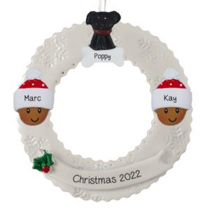 Personalized African American Couple With Pet On Wreath Ornament