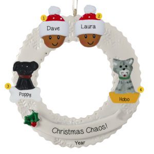 Personalized African American Couple With 2 Pets On Wreath Ornament