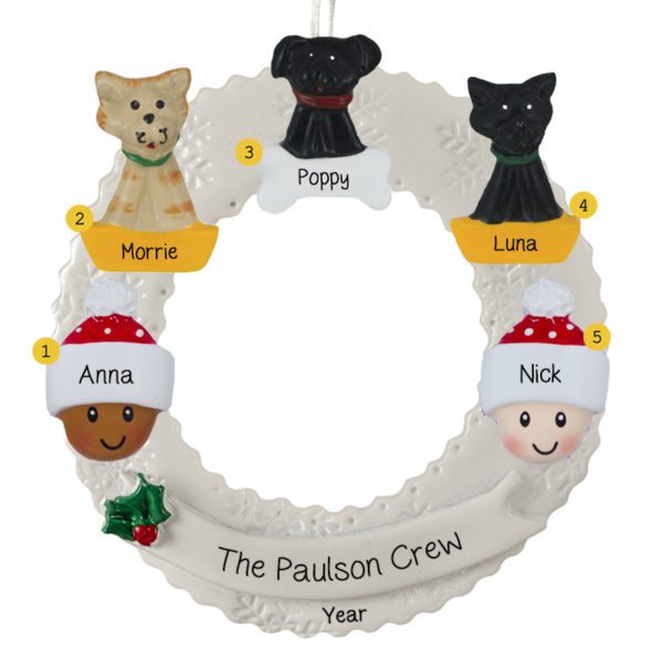 Personalized Interracial Couple With 3 Pets On Wreath Ornament