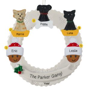 Personalized African American Couple With 3 Pets On Wreath Ornament