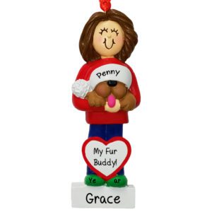 Personalized Girl Holding DOG Wearing Hat Ornament BRUNETTE