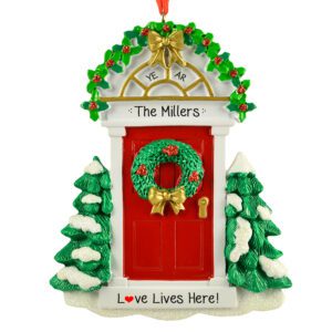Personalized Love Lives Here RED Christmas Door Ornament