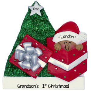 Grandson's 1st Christmas Baby In Gift Glittered Tree Ornament African American