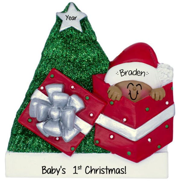 Personalized Baby Boy's 1st Christmas Glittered Tree Ornament African American