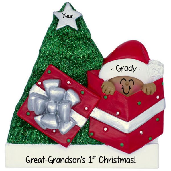 Great-Grandson's 1st Christmas Baby In Gift Glittered Tree Ornament African American