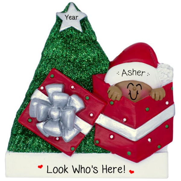 Personalized Baby In Gift Glittered Tree Ornament African American