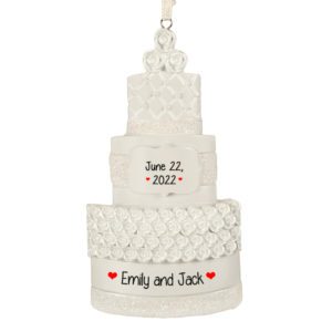 Pearly White Wedding Cake With Roses Glittered Personalized Ornament