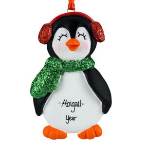 Image of Personalized Penguin With GREEN Glittered Scarf Christmas Ornament FEMALE