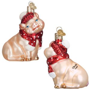 Personalized Pink Pig Wearing RED Scarf 3-D Glittered Ornament