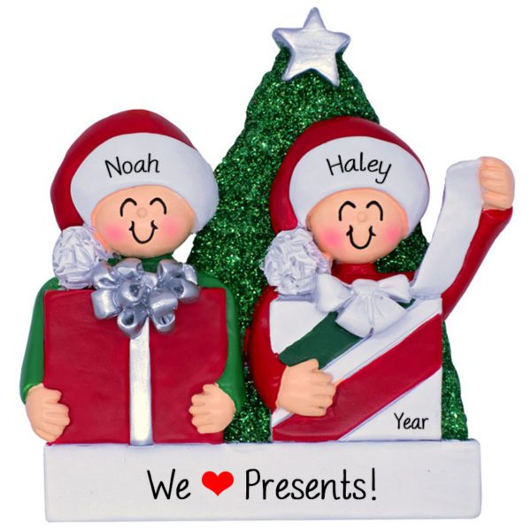 Couple Opening Presents Together Glittered Tree Personalized Ornament