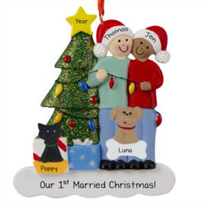 Caucasian MALE And African American FEMALE With 2 Pets 1st Married Christmas Ornament