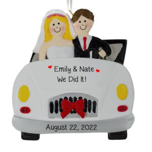Personalized BLONDE Bride And BROWN Haired Groom In White Car Ornament