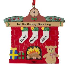 Personalized Family Of 3 Stockings Glittered Red Brick Fireplace Ornament