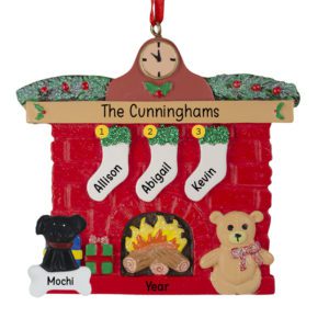 Image of Personalized Family Of 3 Stockings And 1 Pet Glittered Red Brick Fireplace Ornament