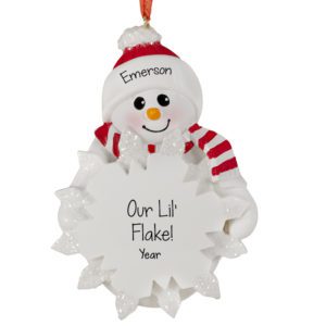 Lil Flake Snowman Holding Glittered Snowflake Personalized Ornament