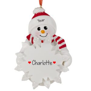 Personalized Snow Girl Holding Glittered Snowflake Ornament