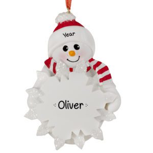 Personalized Snow Boy Holding Glittered Snowflake Ornament