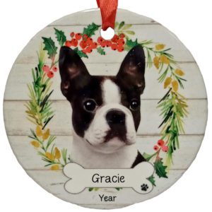 Boston Terrier Personalized Ceramic Wreath Ornament