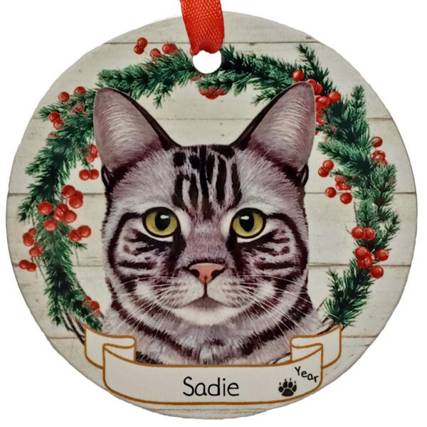 SILVER Tabby Cat Personalized Ceramic Wreath Ornament