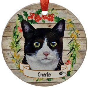 BLACK And WHITE Cat Personalized Ceramic Wreath Ornament