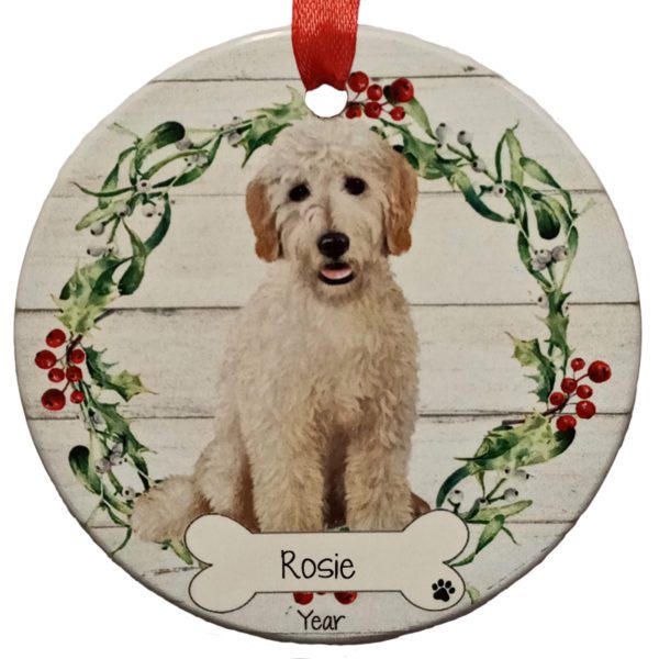 CREAM Goldendoodle Personalized Ceramic Wreath Ornament