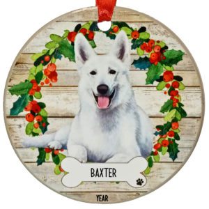 WHITE German Shepherd Personalized Ceramic Wreath Ornament