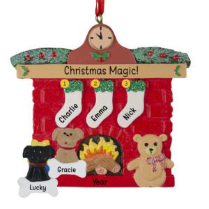 Personalized Family Of 3 Stockings And 2 Pets Glittered Red Brick Fireplace Ornament