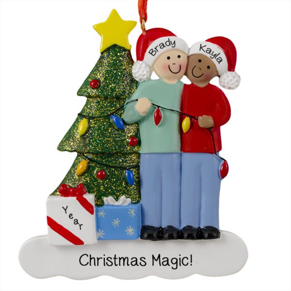 Caucasian MALE And African American FEMALE Decorating Glittered Tree Ornament
