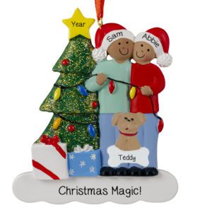 Personalized African American Couple With Pet Glittered Tree Ornament